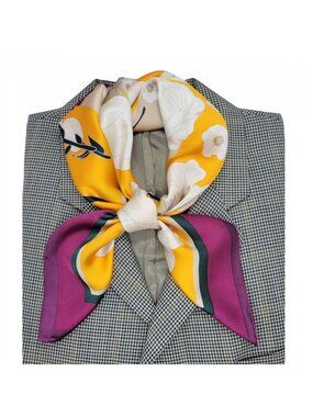✨Luxury Silky Satin Scarf Bandana Yellow Purple Color Block Floral Soft Wrap